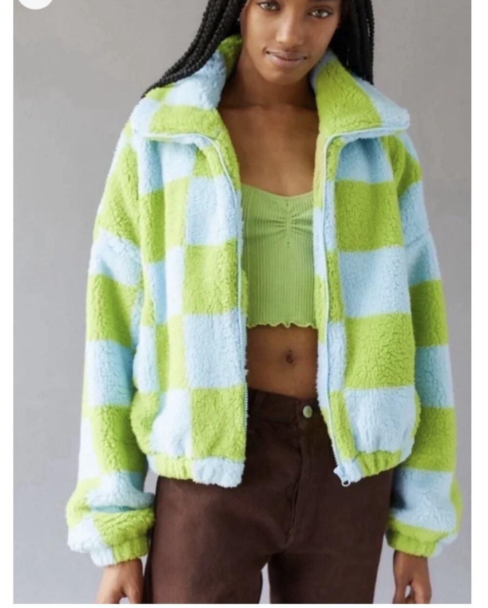 Urban Outfitters Cloud Plush Teddy Jacket Checked Zip Up Large